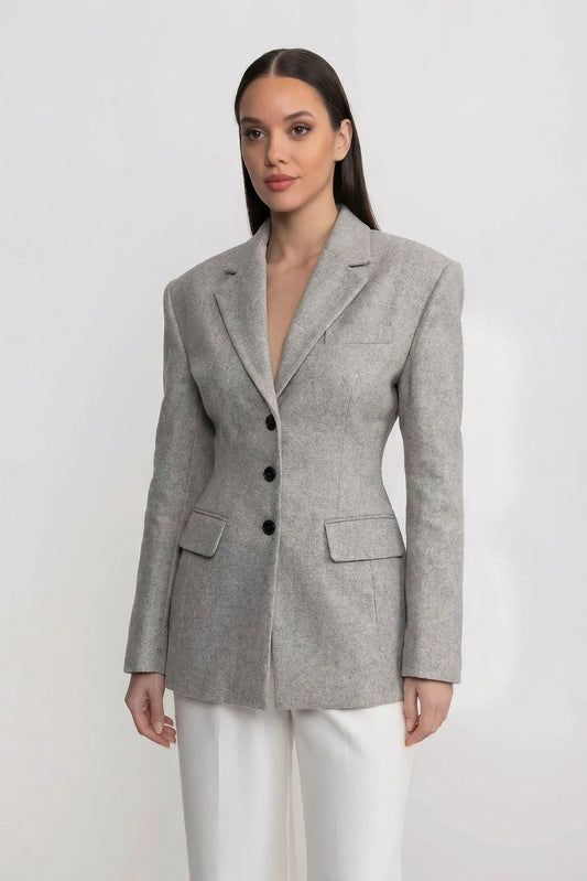 Tailored Longline Blazer With Structured Shoulders - Light Gray