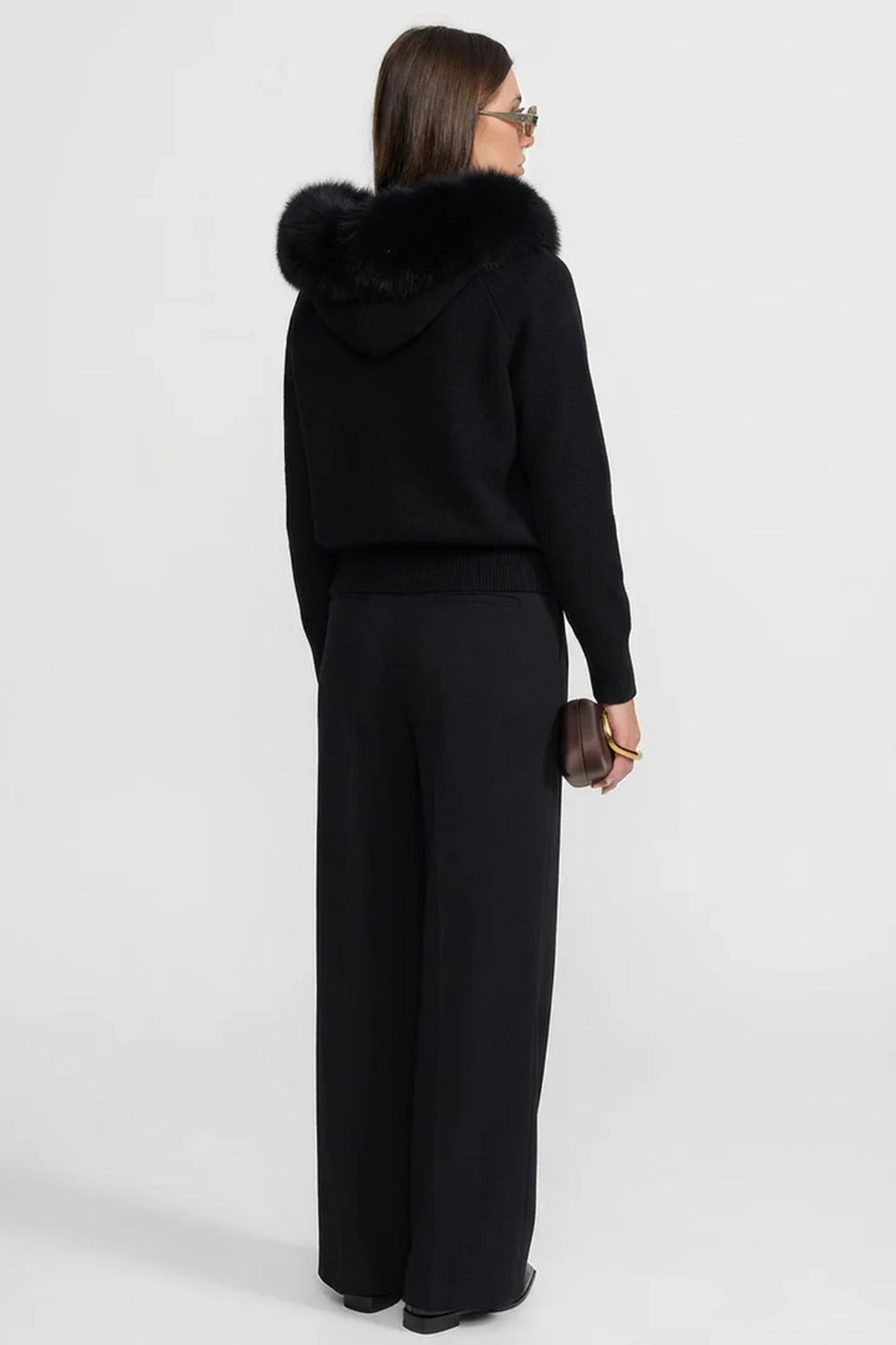 Zip-Up Wool Hoodie With Fox Fur Collar – Black