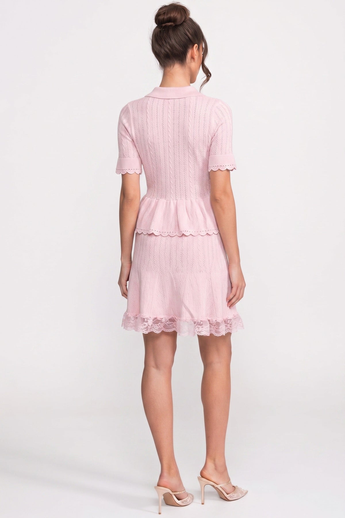 Polo-Collar with Button Top and Mini Skirt Set - Pink
