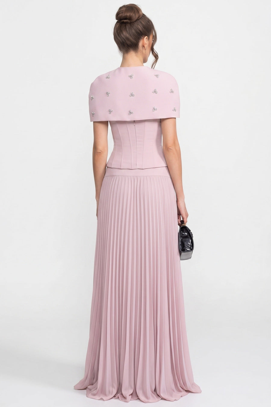 3-Piece Co-Ord Set With Ruched Top, Detachable Cape And Maxi Skirt - Pink