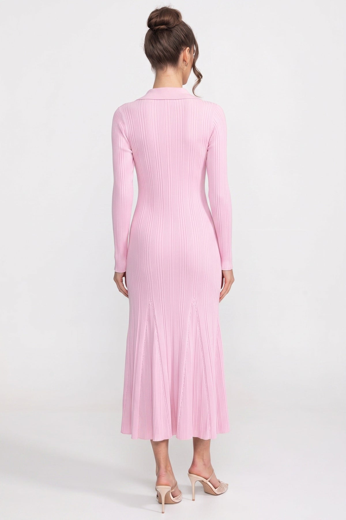 Long-Sleeve Button-Front Knit Maxi Dress With Patch Pockets - Pink