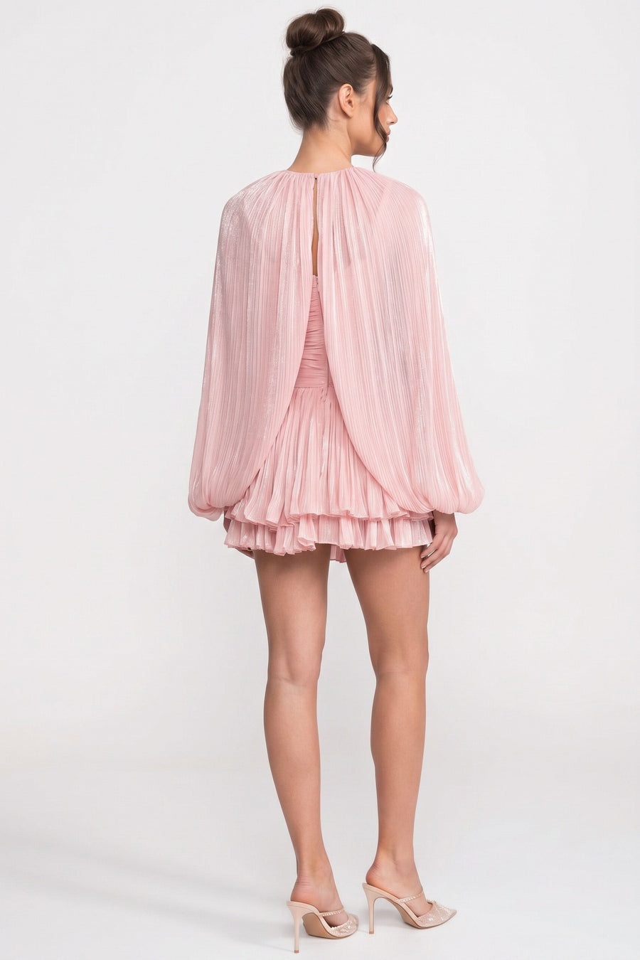 High-Neck Balloon-Sleeve Mini Dress With Pleated Skirt - Pink