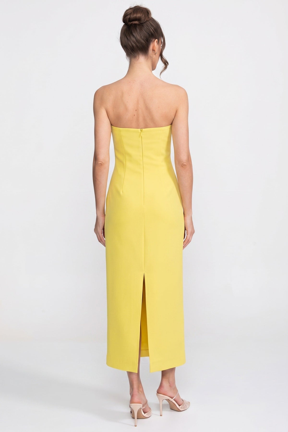 Strapless Floral-Print Midi Dress With Column Silhouette - Yellow