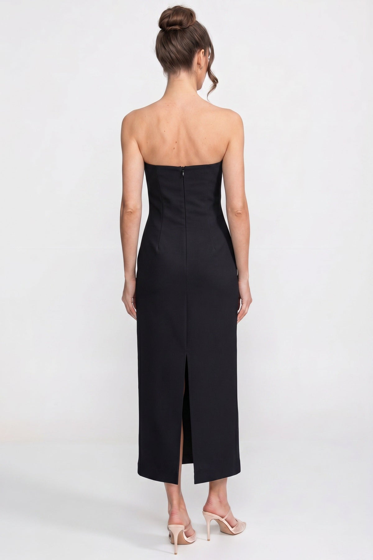 Strapless Floral-Print Midi Dress With Column Silhouette - Black
