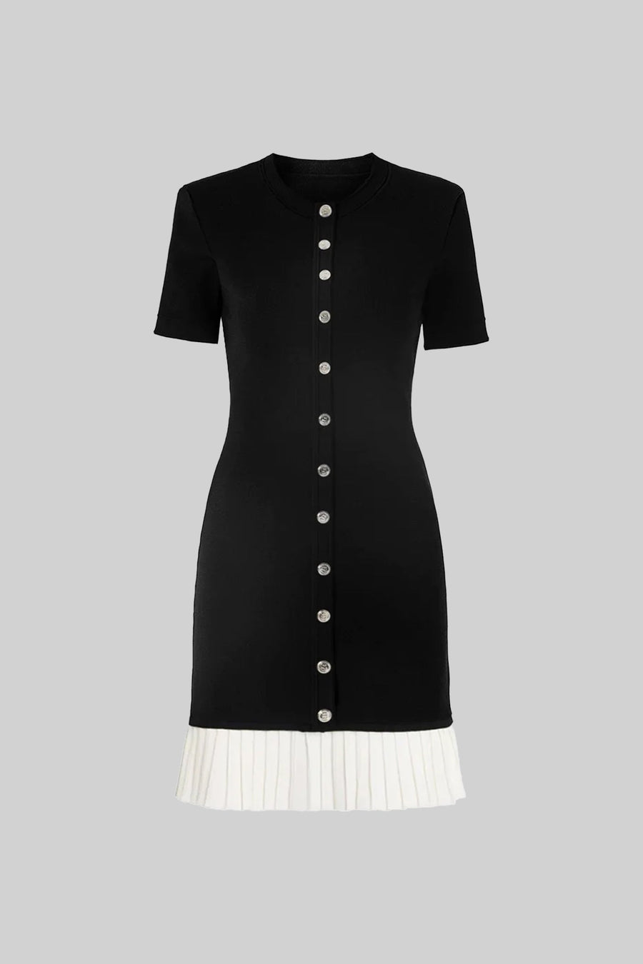 Short Sleeve Mini Dress With Contrast Pleated Hem - Black