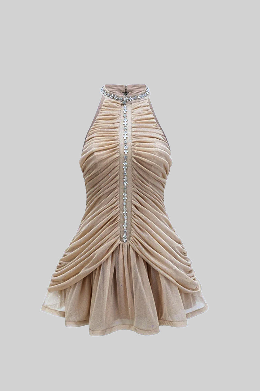 Sleeveless Halter Dress with Pearl Accents - Nude