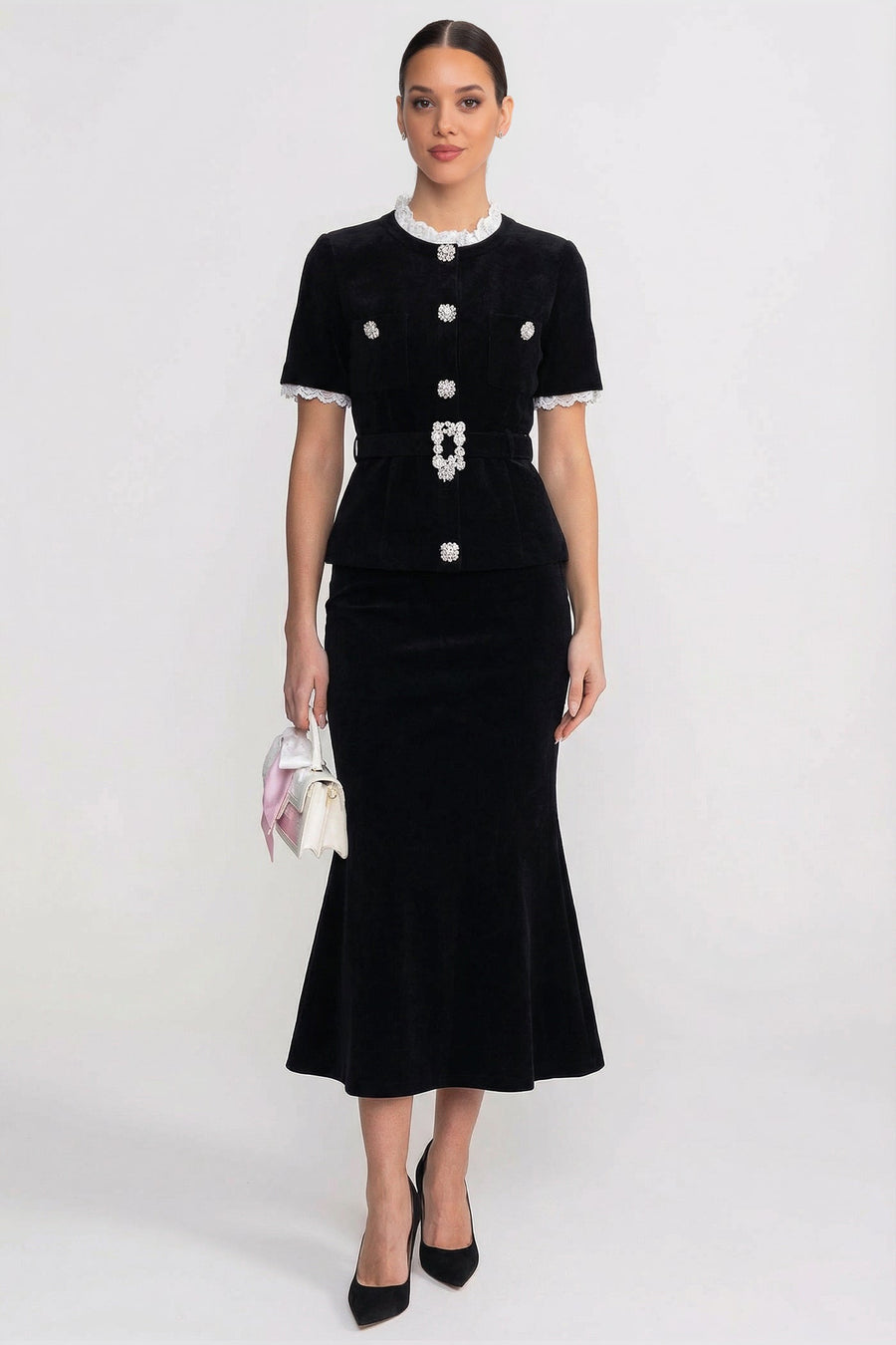 Short Sleeve Co-Ord With Peplum Waist And Crystal Button Belt - Black