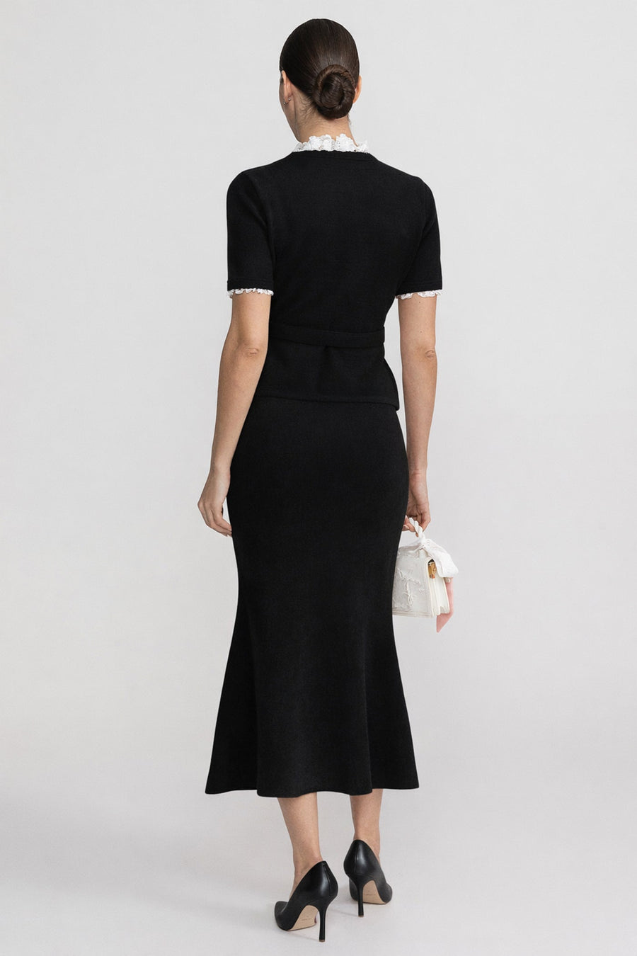 Short Sleeve Co-Ord With Peplum Waist And Crystal Button Belt - Black