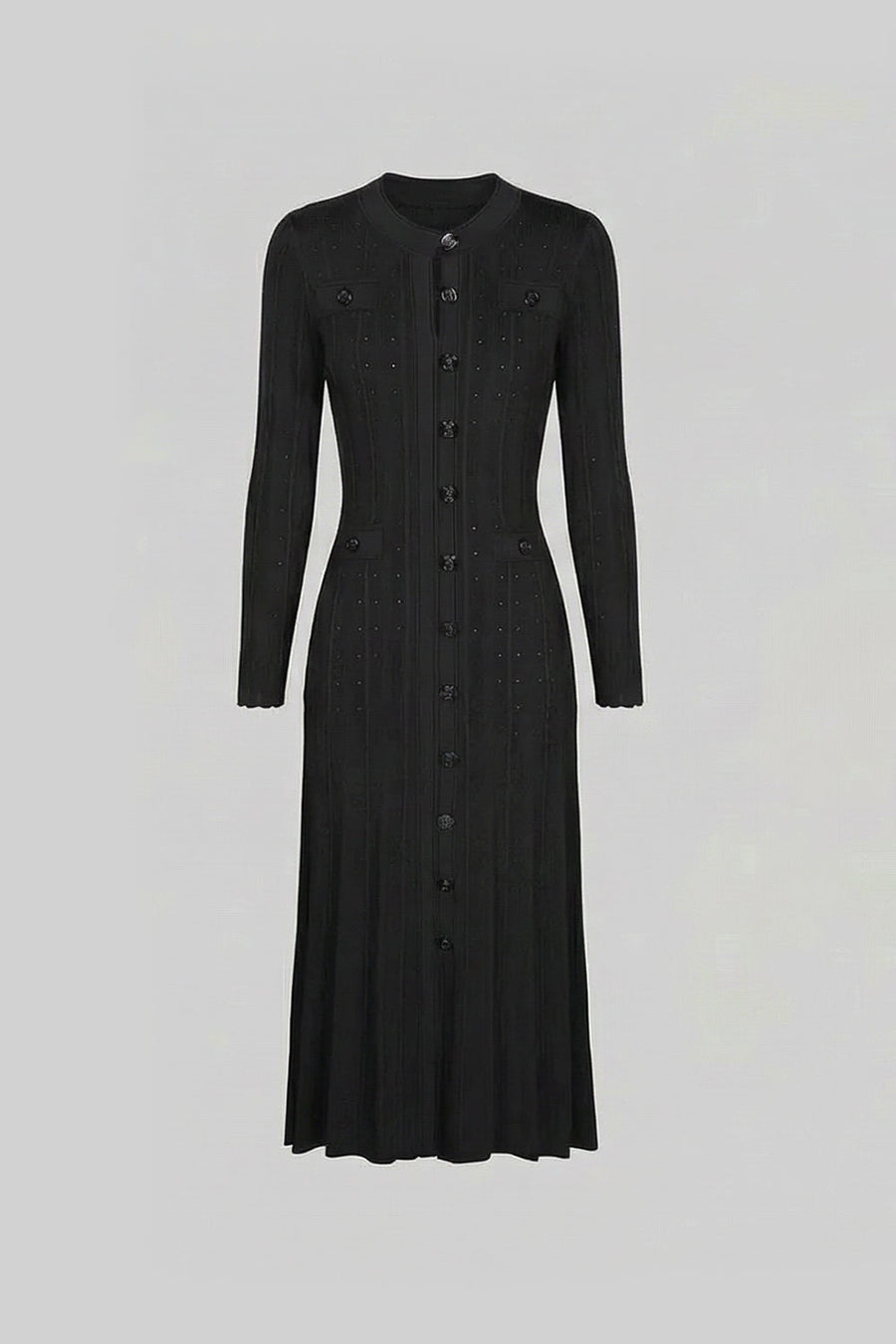 Knit Button-Front Midi Dress with Pointelle Detailing – Black