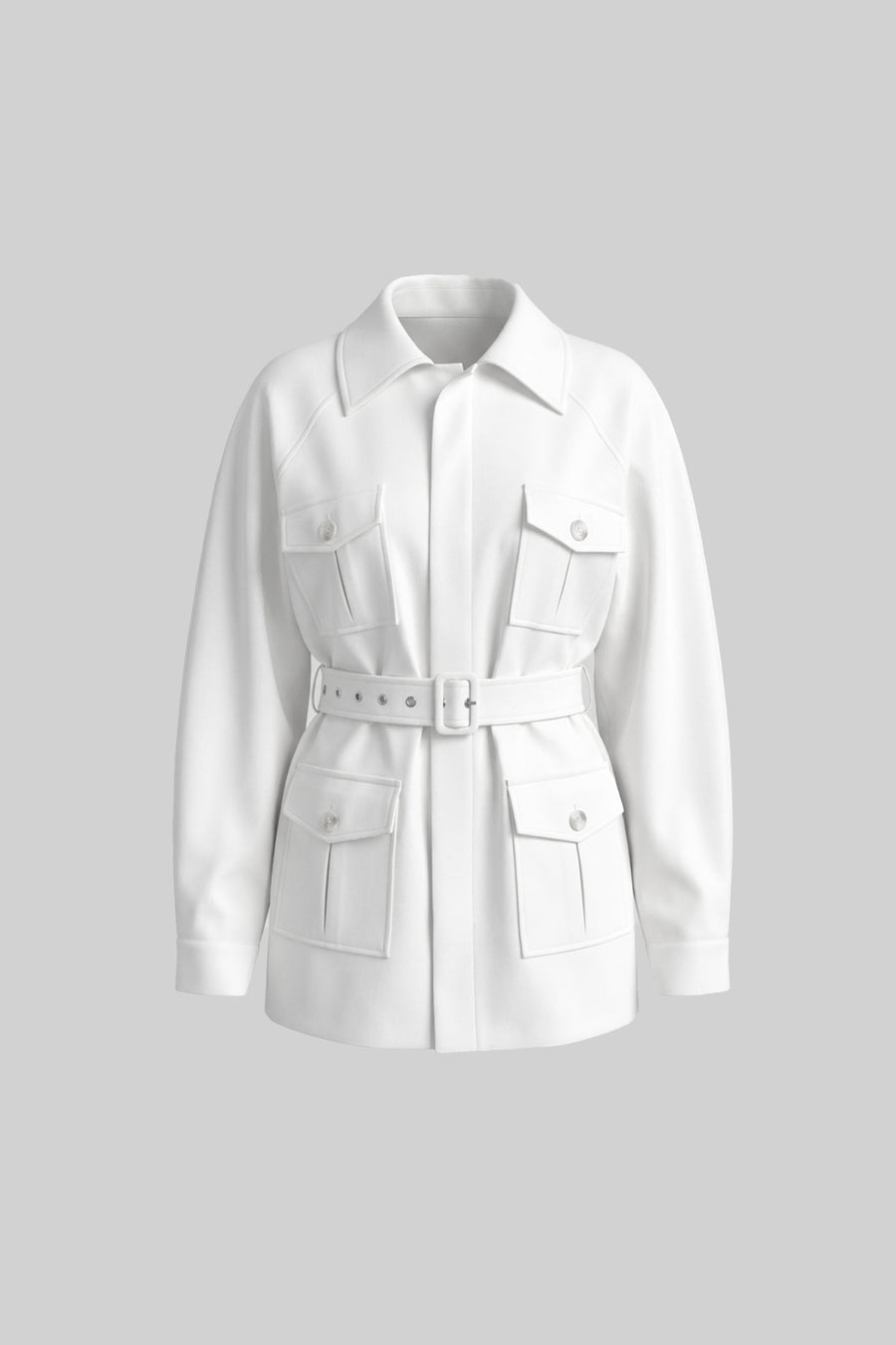 Belted Trench-Coat Jacket With Oversized Patch Pockets - White