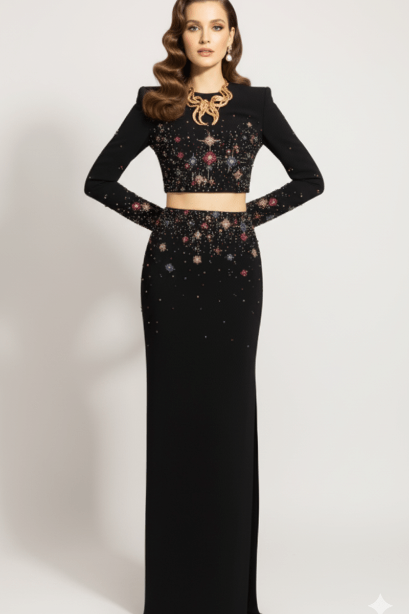 Celeste Noir Diamond Beaded Two-Piece Maxi Set