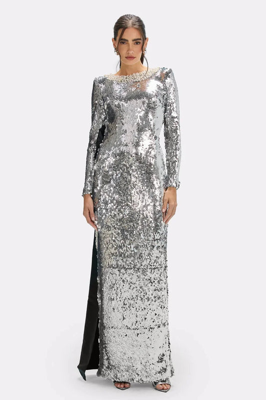 Celestine Handmade Silver Sequin Bow Maxi Gown