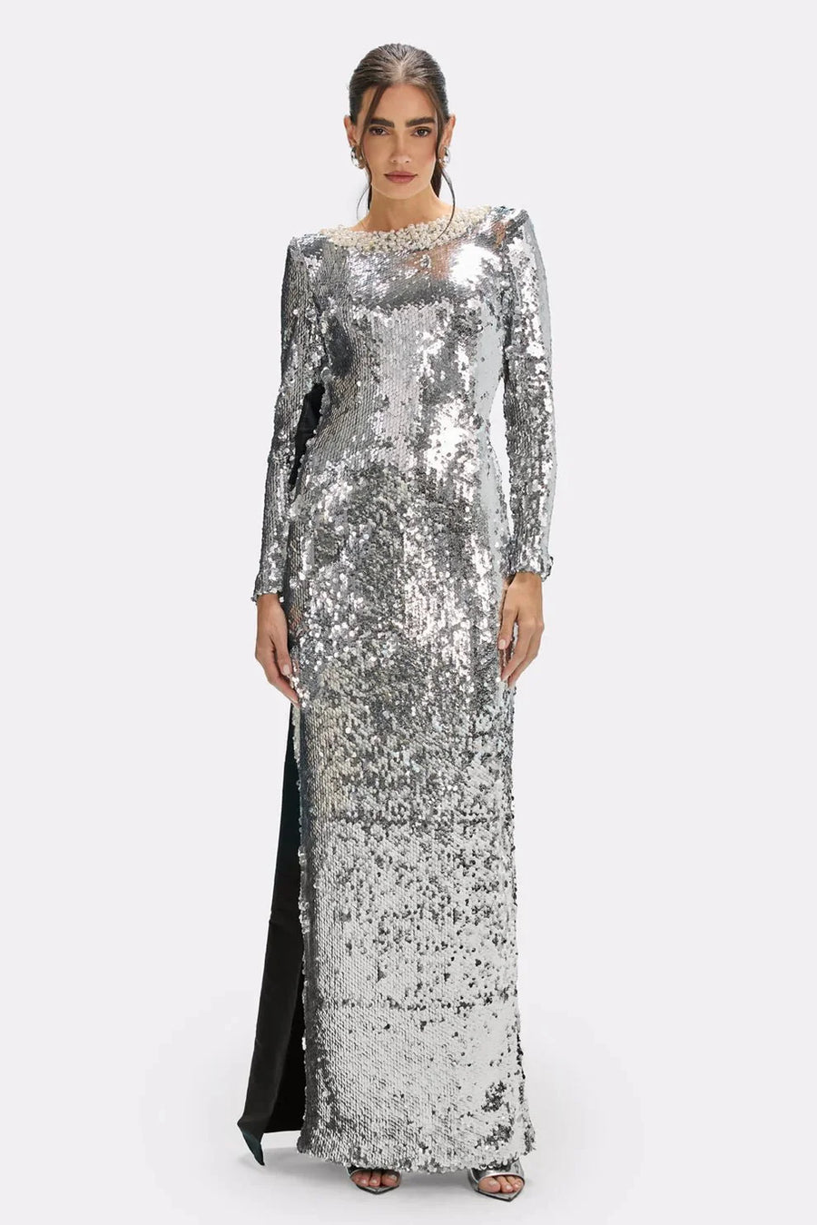 Celestine Handmade Silver Sequin Bow Maxi Gown