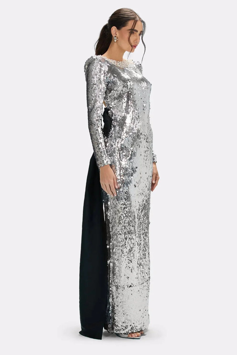 Celestine Handmade Silver Sequin Bow Maxi Gown