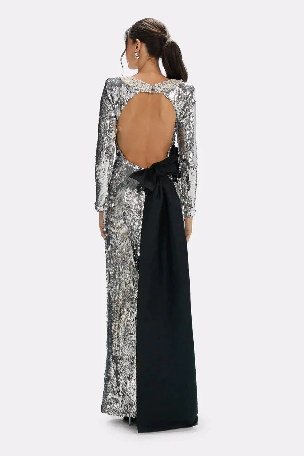 Celestine Handmade Silver Sequin Bow Maxi Gown
