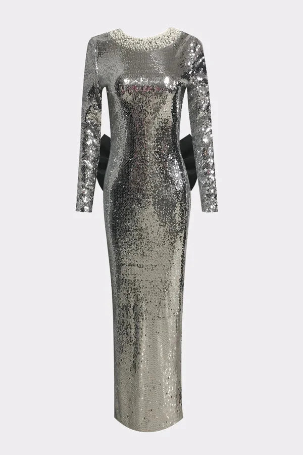 Celestine Handmade Silver Sequin Bow Maxi Gown