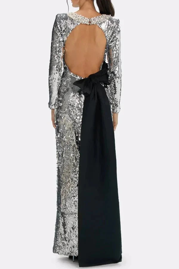 Celestine Handmade Silver Sequin Bow Maxi Gown