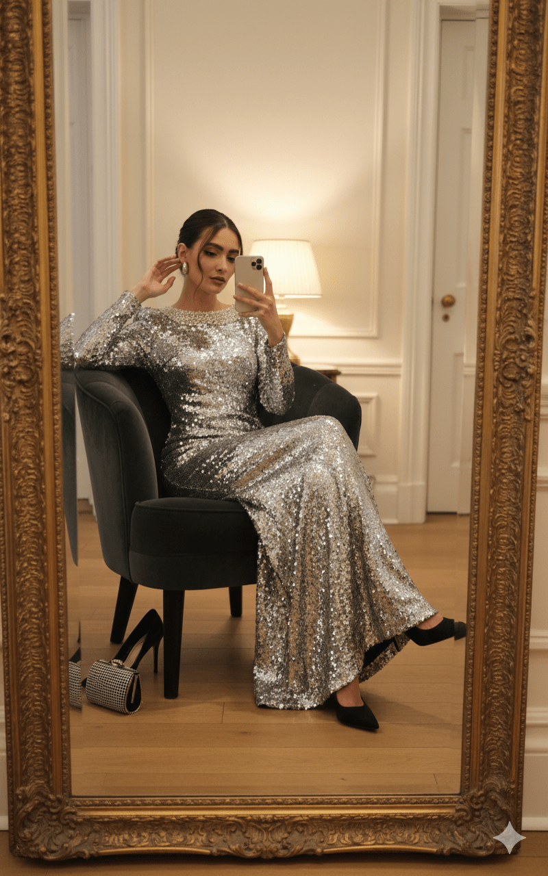 Celestine Handmade Silver Sequin Bow Maxi Gown