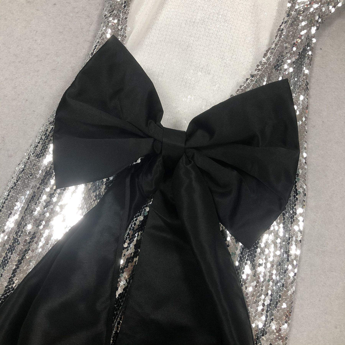 Celestine Handmade Silver Sequin Bow Maxi Gown