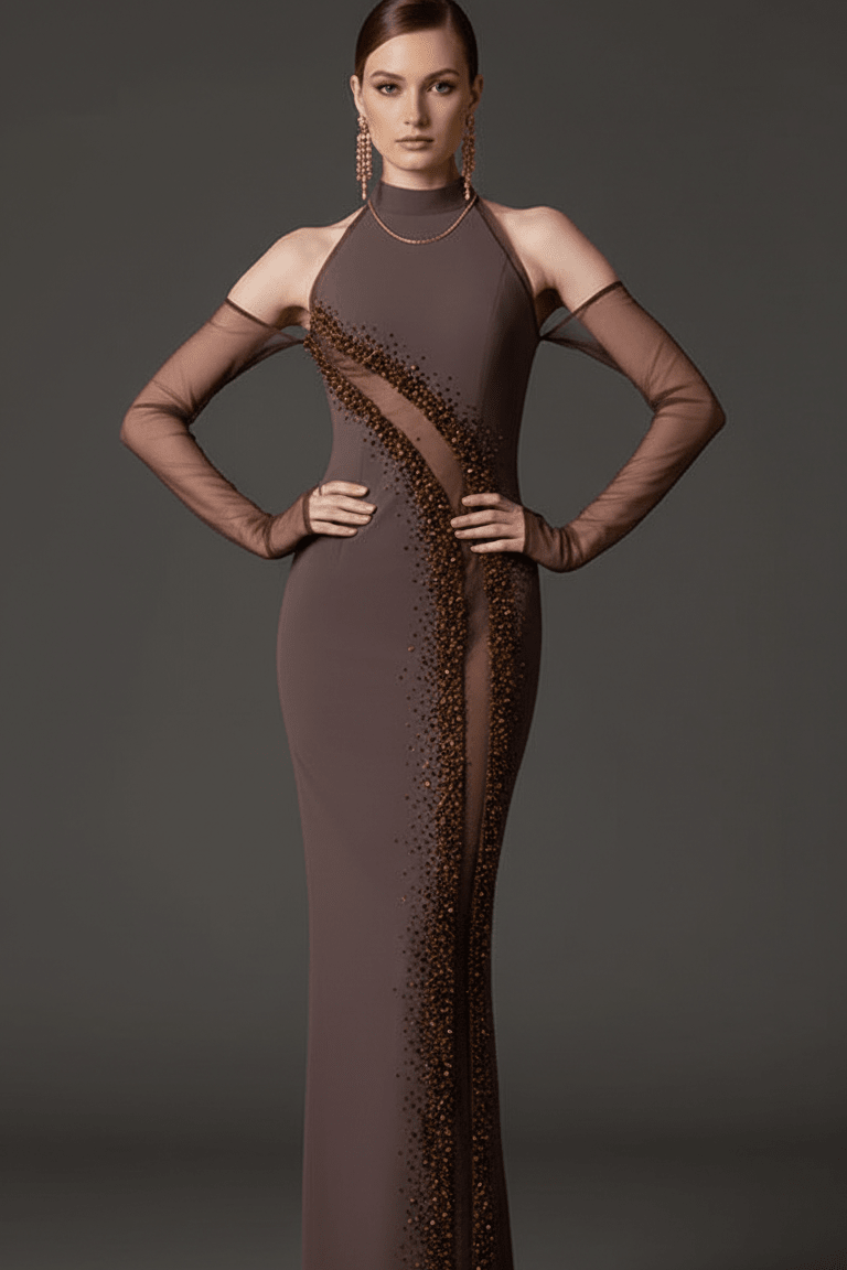 Crystal Beaded Halter Neck Bodycon Maxi Evening Dress