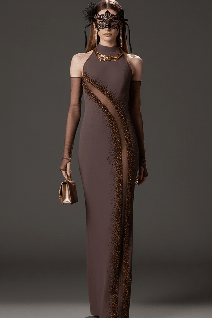 Crystal Beaded Halter Neck Bodycon Maxi Evening Dress