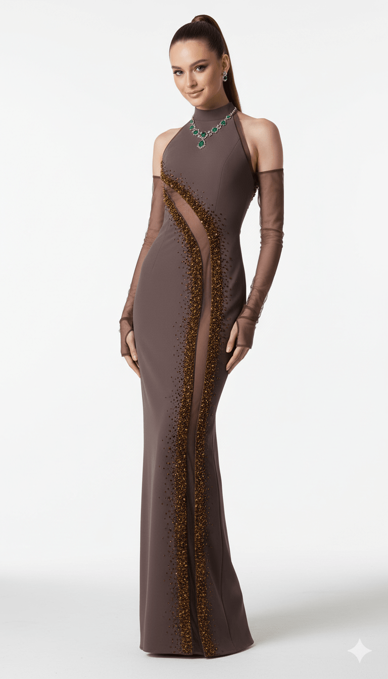 Crystal Beaded Halter Neck Bodycon Maxi Evening Dress