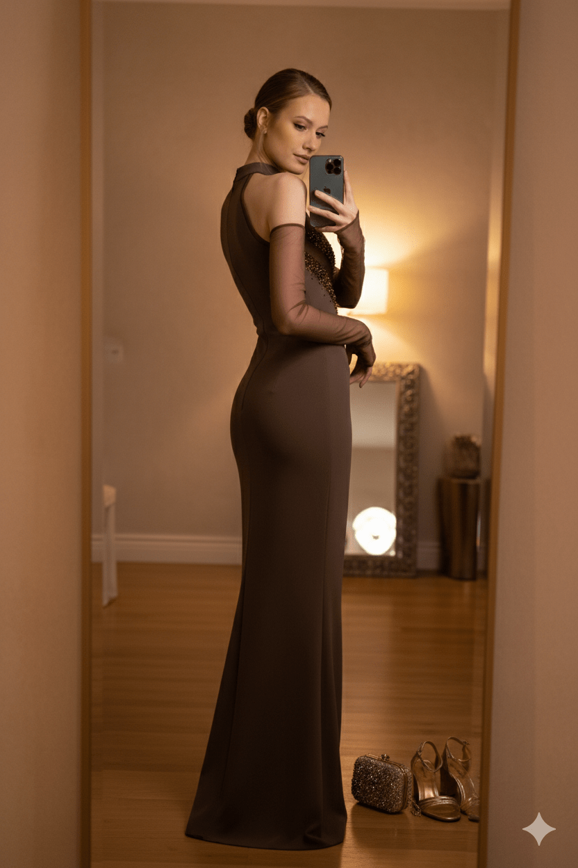 Crystal Beaded Halter Neck Bodycon Maxi Evening Dress