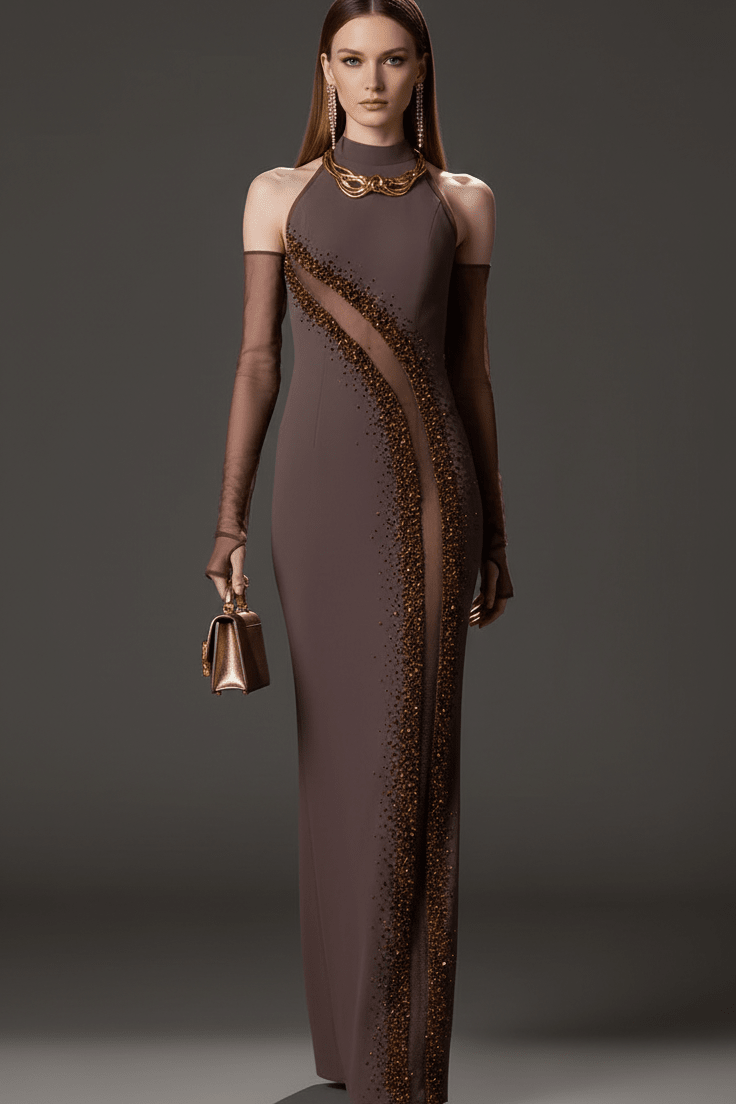Crystal Beaded Halter Neck Bodycon Maxi Evening Dress