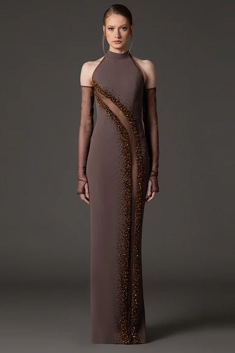 Crystal Beaded Halter Neck Bodycon Maxi Evening Dress