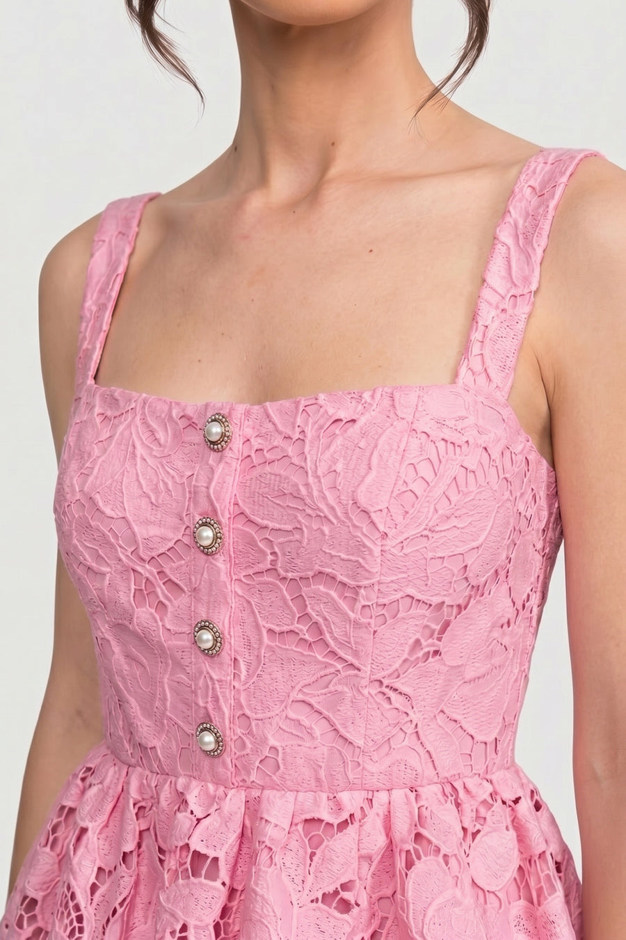 Sleeveless Lace Peplum Dress With Midi Skirt And Golden Buttons - Pink