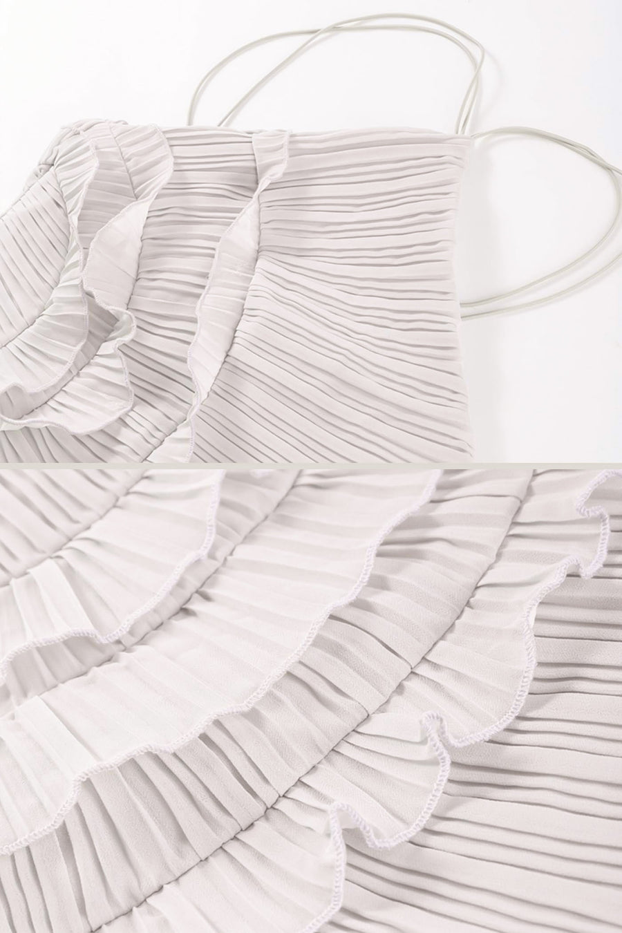 Pleated Halter Midi Dress With Cascading Ruffle Details - White