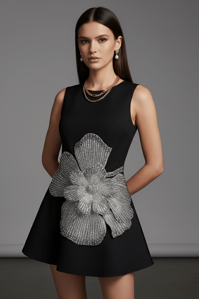 Floral Applique A-Line Mini Dress