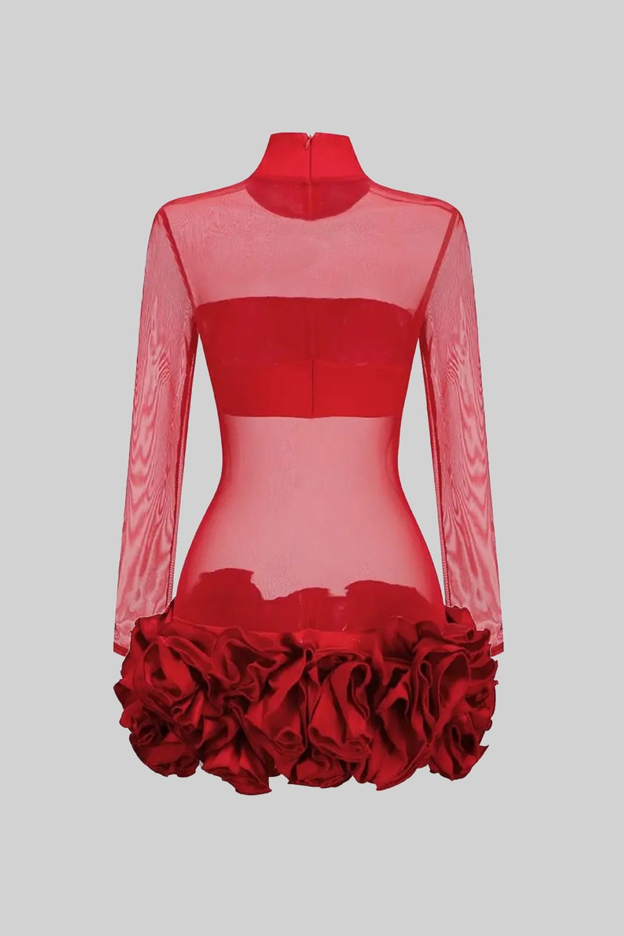Sheer Floral Mini Dress With 3D Rosettes Hemline – Red