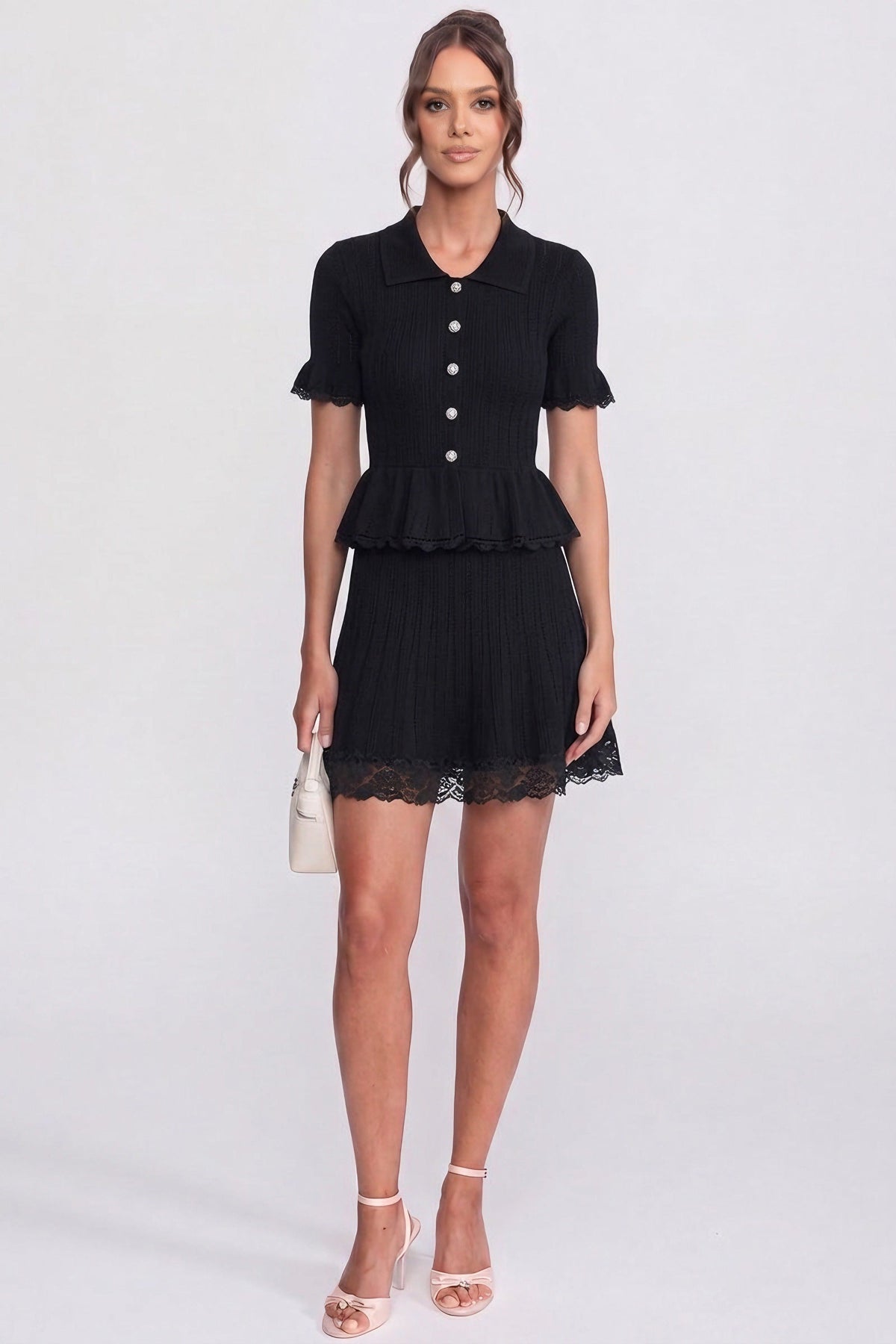 Polo-Collar with Button Top and Mini Skirt Set - Black