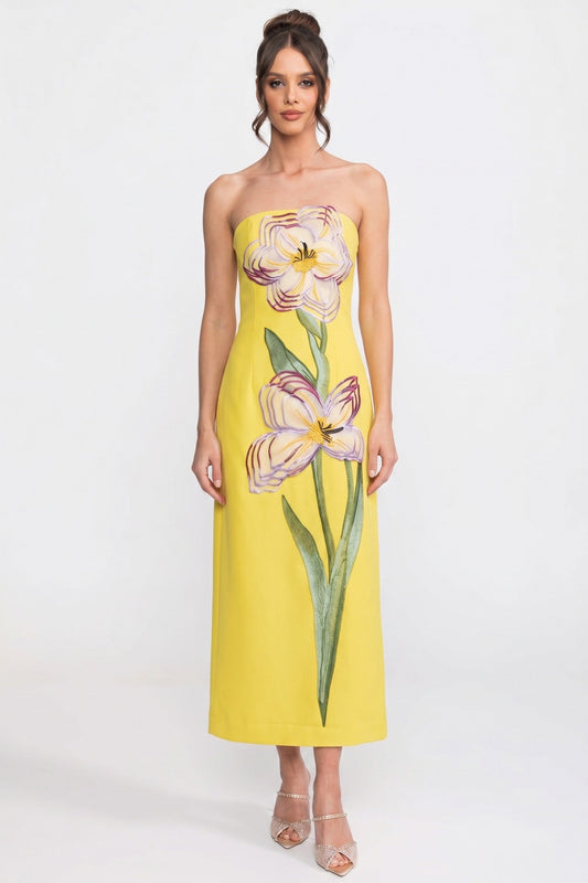 Strapless Floral-Print Midi Dress With Column Silhouette - Yellow