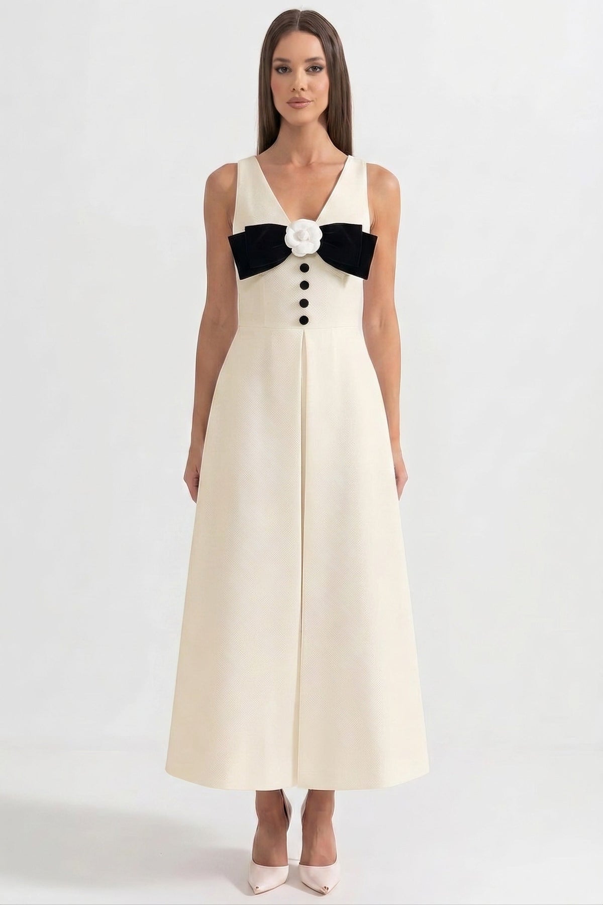 Halter Neck Maxi Dress With Black Bow Bustline And Button Front - Ivories