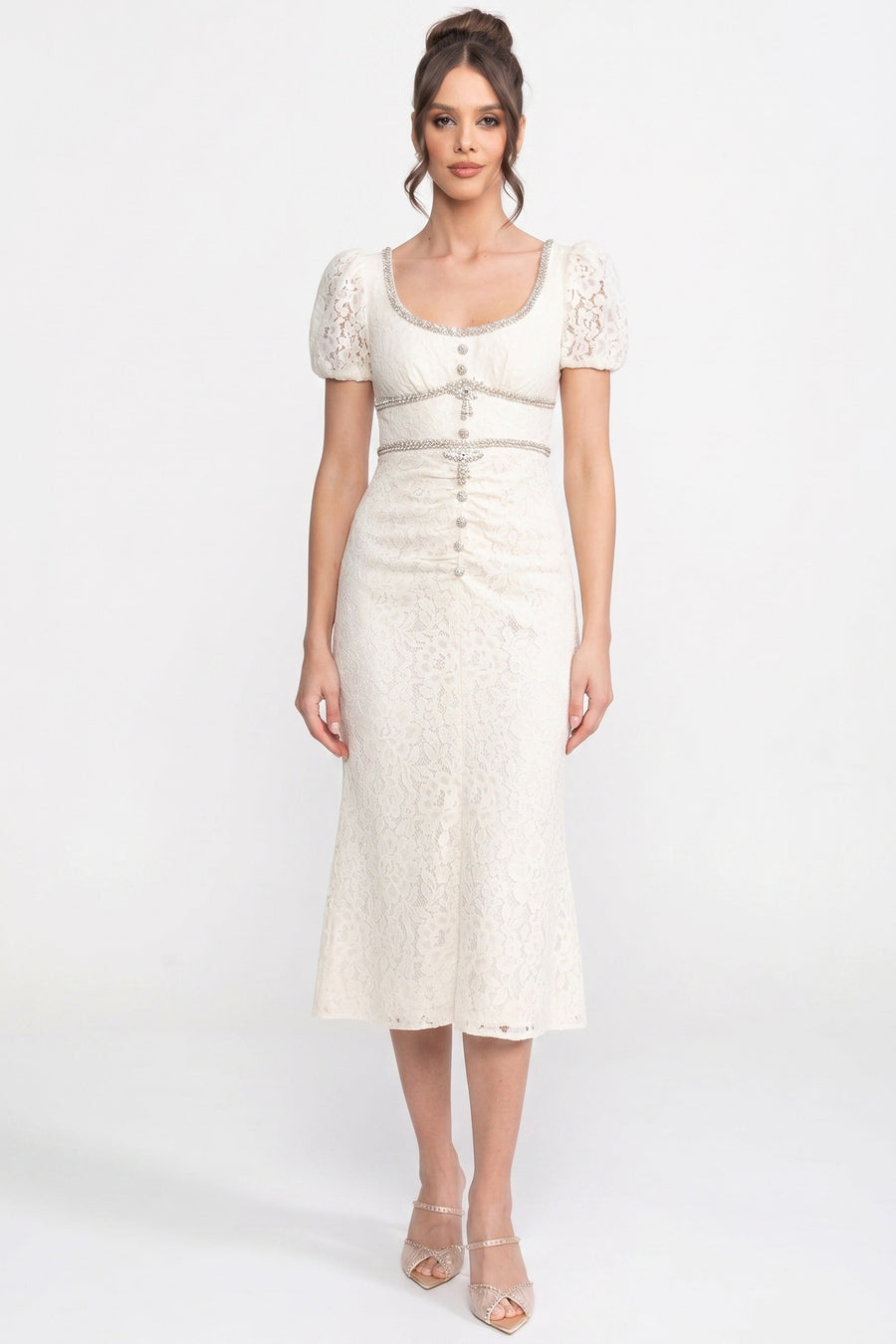 Short Sleeved Lace Dress With Short Puff Sleeves And Scoop Neckline - Ivoire