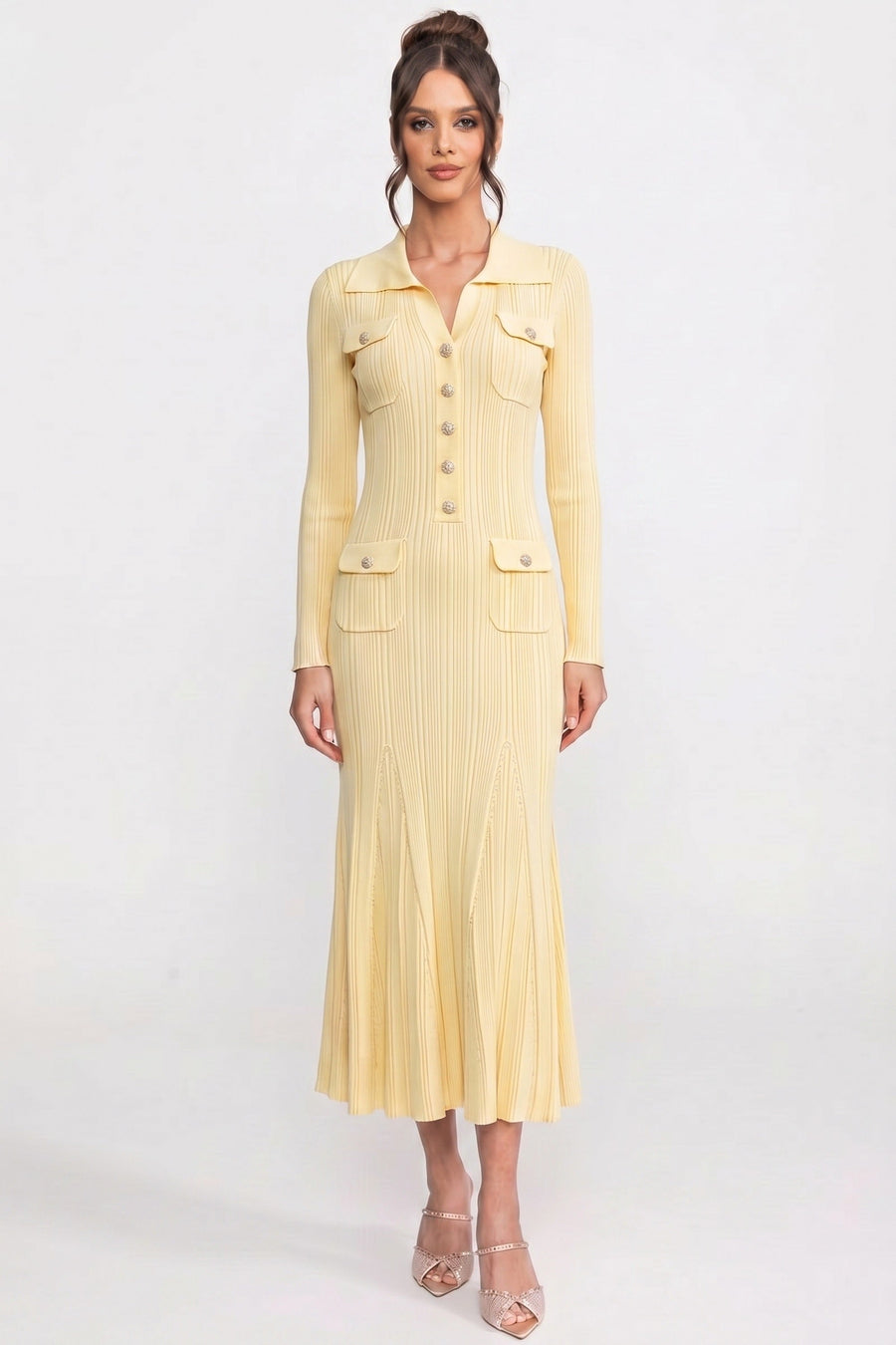 Long-Sleeve Button-Front Knit Maxi Dress With Patch Pockets - Yellow