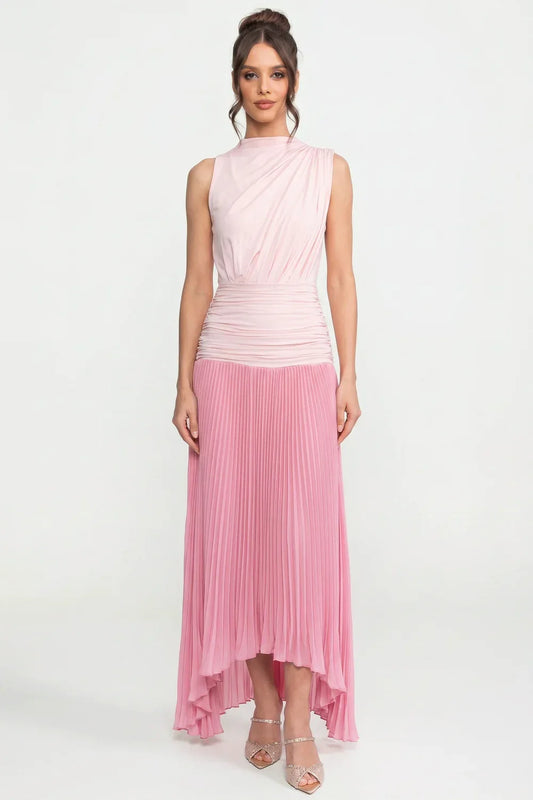 Halter Neck Pleated Maxi Dress With Gathered Waist Detail - Pink