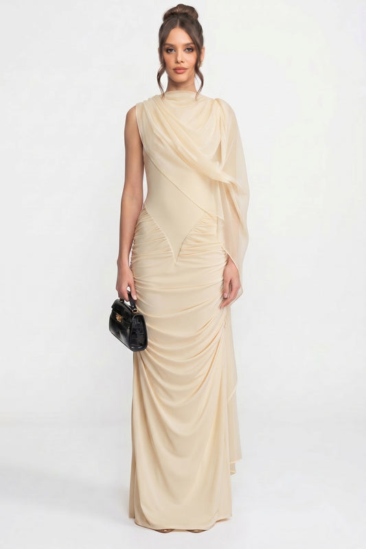 One-Shoulder Draped Maxi Dress With Sheer Scarf Detail - Beige