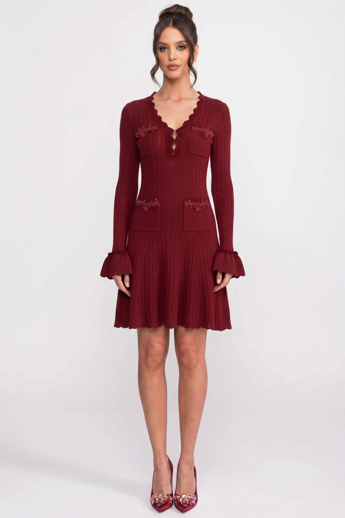 Long-Sleeve V-Neck Knit Mini Dress With Ruffle Hem And Bow Cuffs - Burgundy