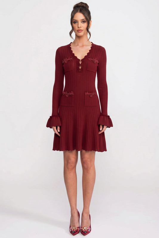 Long-Sleeve V-Neck Knit Mini Dress With Ruffle Hem And Bow Cuffs - Burgundy