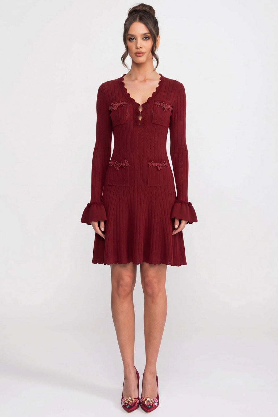 Long-Sleeve V-Neck Knit Mini Dress With Ruffle Hem And Bow Cuffs - Burgundy