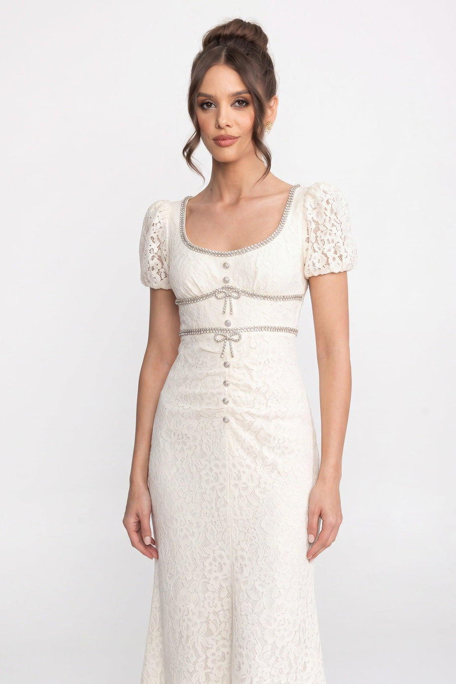 Short Sleeved Lace Dress With Short Puff Sleeves And Scoop Neckline - Ivoire