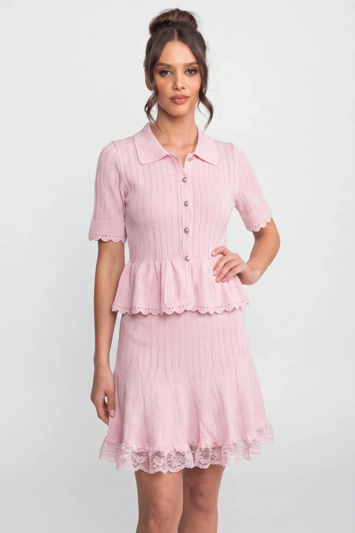 Polo-Collar with Button Top and Mini Skirt Set - Pink