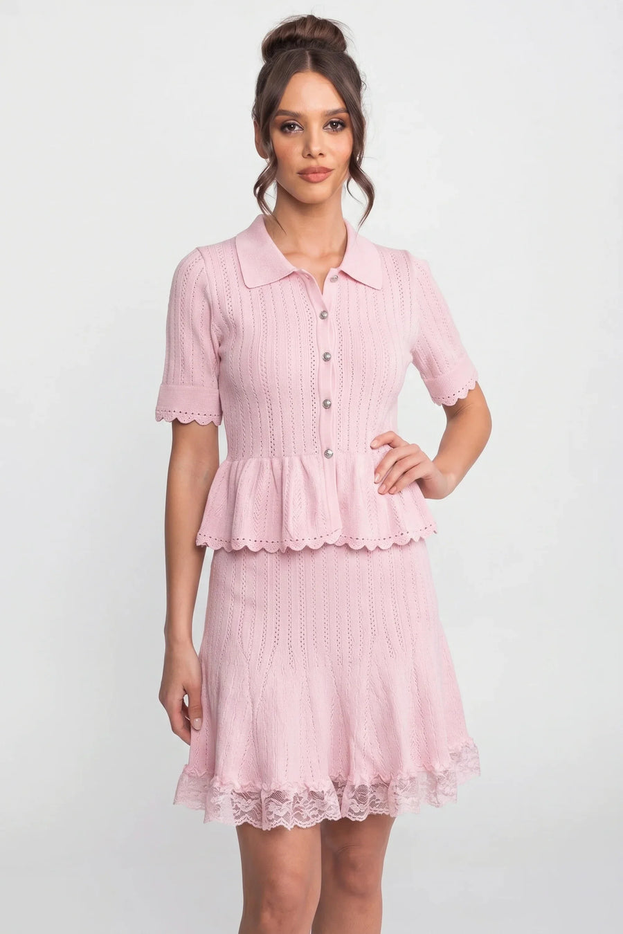 Polo-Collar with Button Top and Mini Skirt Set - Pink
