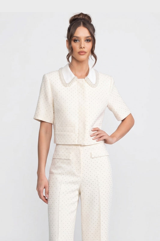 Short-Sleeve Embellished Tweed Cropped Jacket With Crystal Collar - Ivoire