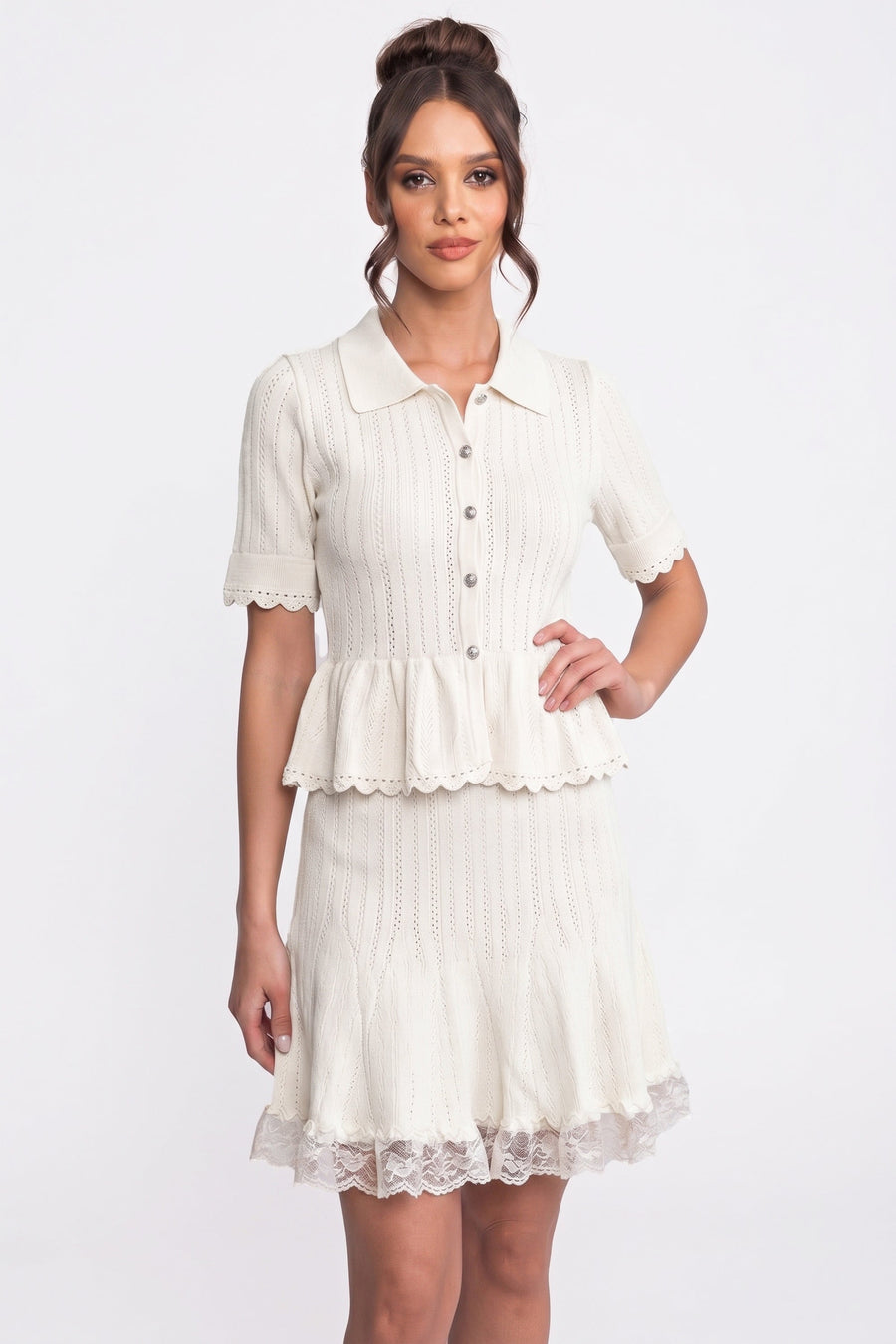 Polo-Collar with Button Top and Mini Skirt Set - White