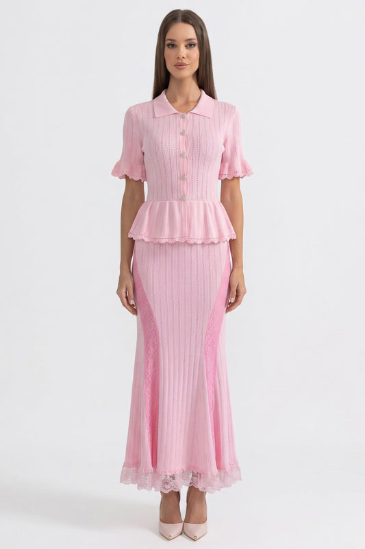 Peter-Pan Collar Knit Peplum Maxi Dress With Lace Hem - Pink
