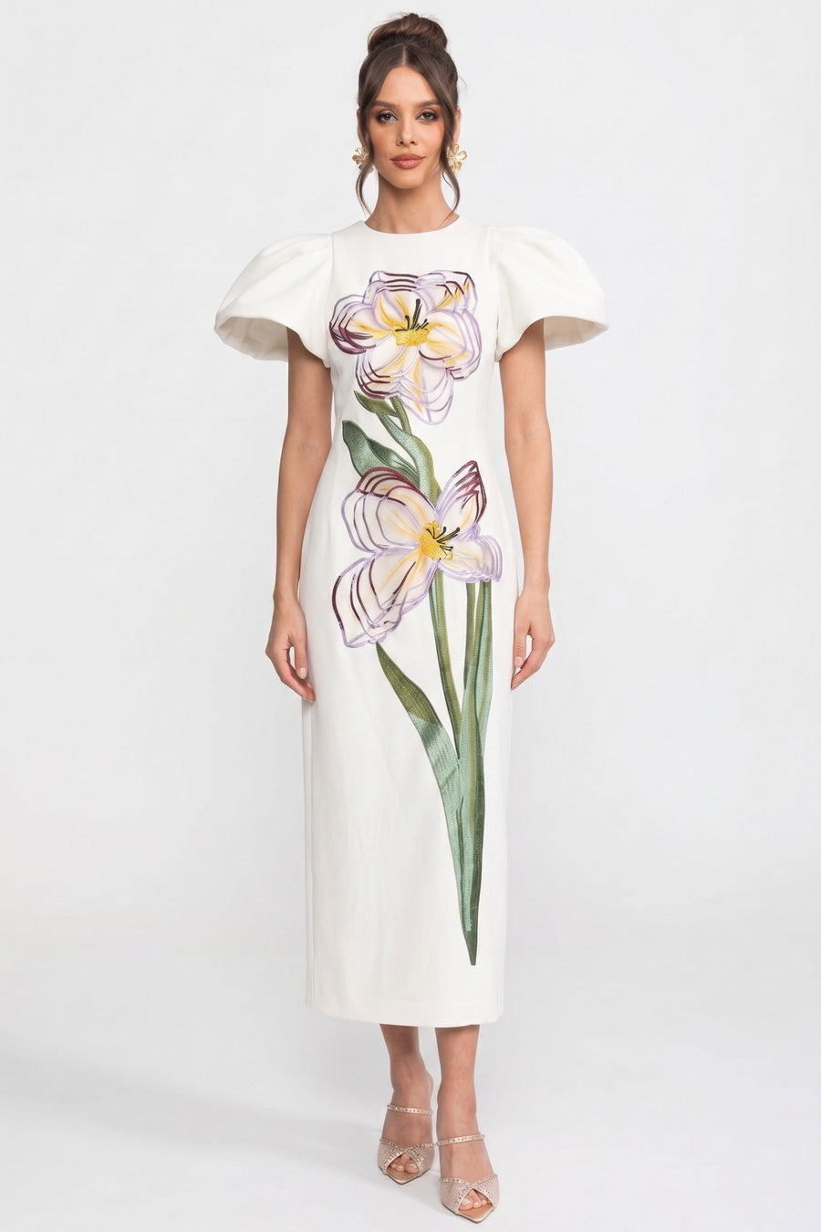Structured Shoulder Maxi Dress With 3D Iris Floral Appliqué - White